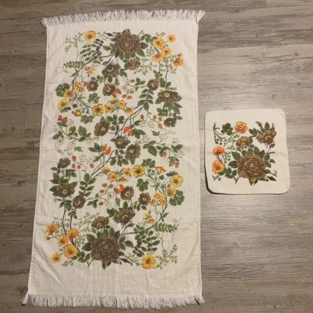 Vintage CANNON Bath And Hand Towel Yellow Brown Rose Floral Cotton MCM Matching