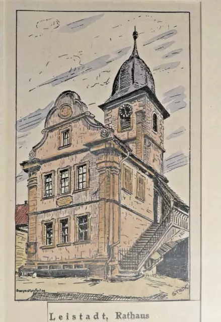 Super Antik Original Holzstich Leistadt Pfalz Rathaus Coloriert Graphik