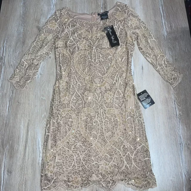 Pisarro Nights Women’s Beaded Mesh Column Gown Size 12 Rose Mauve Sheer Sleeves
