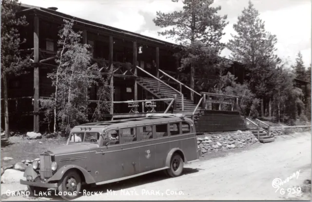 RPPC Tour Bus, Grand Lake Lodge, Rocky Mtn NP, Colorado - Sanborn Photo Postcard