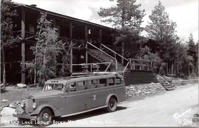 RPPC Tour Bus, Grand Lake Lodge, Rocky Mtn NP, Colorado - Sanborn Photo Postcard