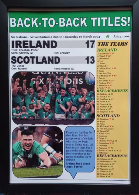 Ireland 17 Scotland 13 - 2024 Six Nations winners - souvenir print