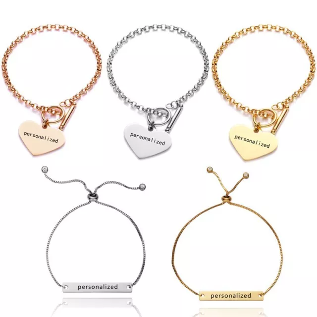 Personalized Stainless Steel Heart Name Engraved Bracelet Family Custom Gift DIY