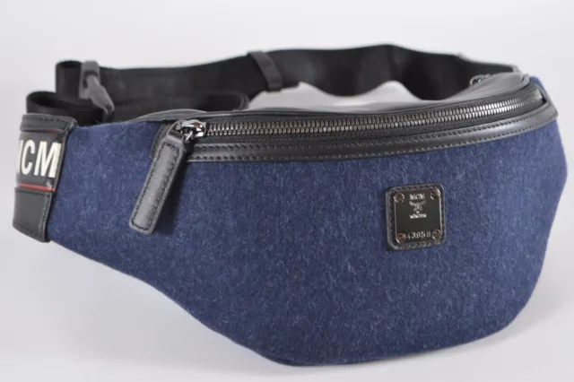 New MCM $450 Felt and Leather Strap Logo Waist Belt Bag Crossbody Sling