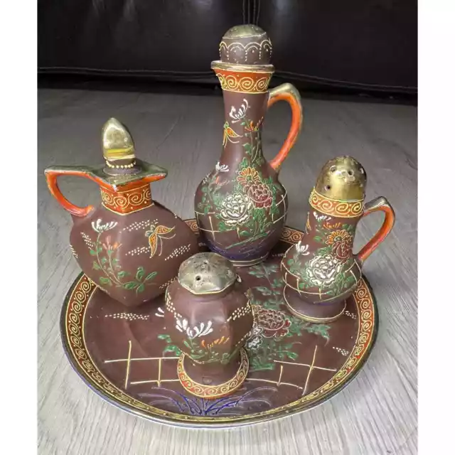 Antique/vintage 5pcs hand painted ceramic Japanese Moriage condiment tray