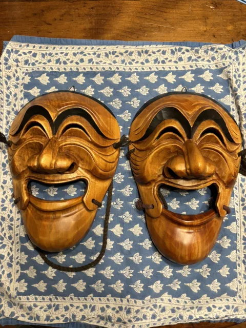 Pair of Korean Traditional Hahoe Folk Art Hand Carved Wooden Face Masks Yang Ban