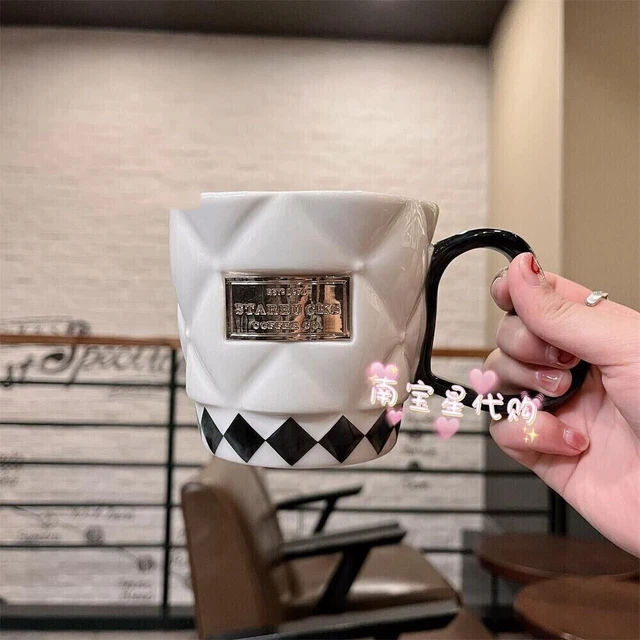 2022 new Starbucks ceramic coffee Mug checkerboard black handle single cup
