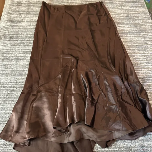 Lauren Ralph Lauren Skirt Womens 29 Medium Silk Midi Brown Lined Ruffle Hem