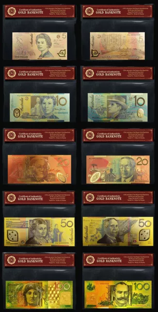 24KT Limited Edition 99.99% Gold Colour Australian Bank Note Set Paper Banknote