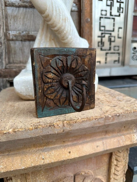 Ancient Old Wooden Hand Craved Painted Floral Hanger Hook Wall Hanging Hook