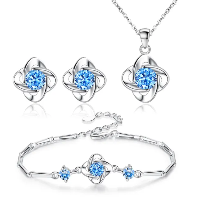 925 sterling silver bracelet necklace earrings blue crystal leaf jewelry set