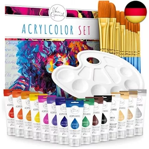 Van Gaunet Acrylfarben Set – 16 Acryl Farben mit 75ml Pigment & 10 Pinsel – Was