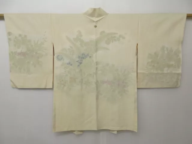 1403T05z540 Vintage Japanese Kimono Silk HAORI Off-white Flowers