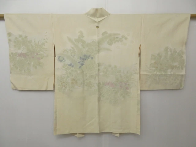1403T05z540 Vintage Japanese Kimono Silk HAORI Off-white Flowers