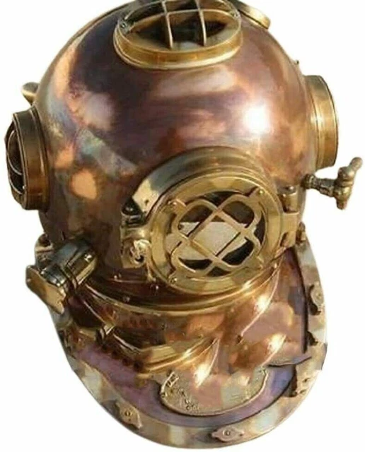 Ancien Casque De Plongée + Boussole Bureau - Laiton Et Cuivre - Décoration Vintage Marine USA Navy