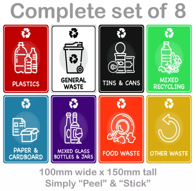 Mixed Set of Recycling Bin Sign Sticker Labels - Full set of 8 self adhesive