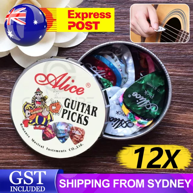 NEW 12PCS Celluloid Acoustic Alice Guitar Picks Pick Set Bulk + Case Box Tin AU