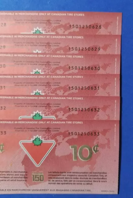 6PCS 10 Cents Canadian Tire Money 2017 Special Edition CANADA 150TH Anniversary