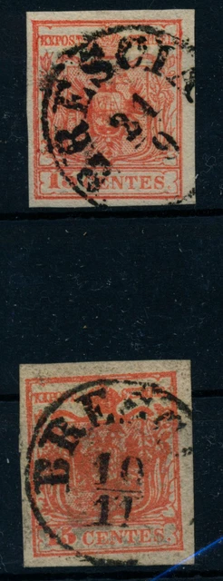 LOMBARDEI-VENETIEN 1850 2MARKE:15C, HP, Type III. und 15C, HP, Type II. BRESCIA