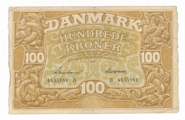 Denmark 100 Kroner 1941 Prefix B Sign: Svendsen & Neergaard P. 33 VF+ Note