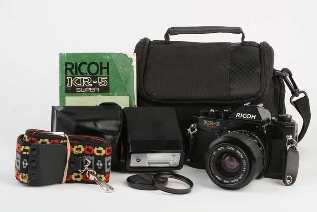 EXC++ RICOH KR-5 SUPER 35mm SLR w/ALBINAR 35-70mm ZOOM, FLASH, CASE, NEW SEALS