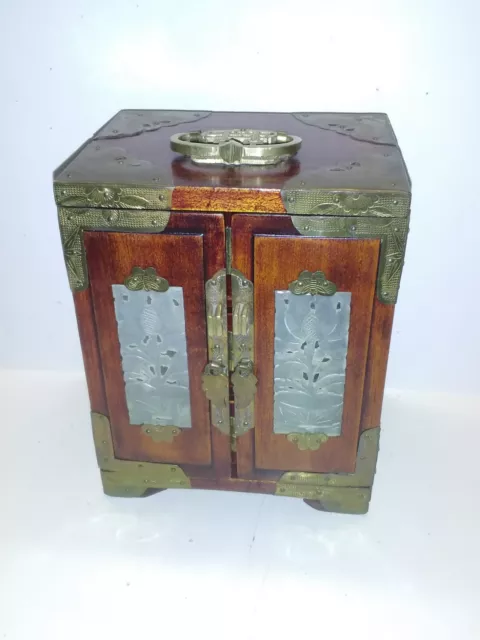 Antique Chinese Jewelry Chest Trunk Wood Box with Brass & Carved Jade Ornate