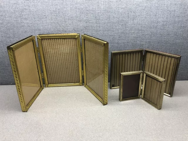 Vintage Hinged Picture Frame Brass Gold Tone Metal Tri Fold Bi Fold Lot of 3