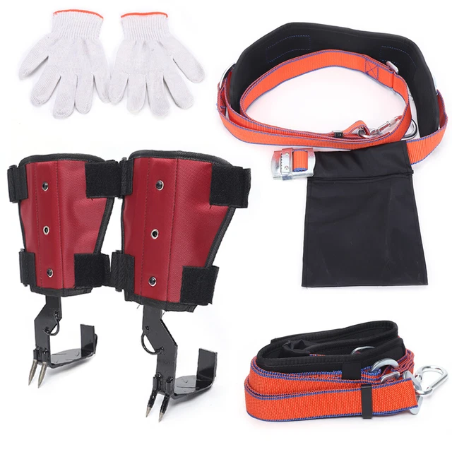 Pair Tree/Pole Climbing Spike Set, Safety Belt Rope Lanyard w/ Carabiner 2 Gears