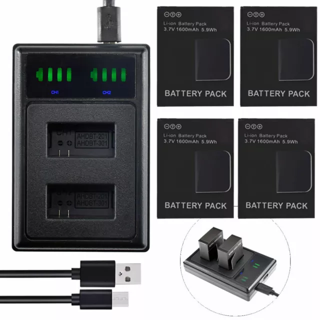 4 Battery for GoPro Hero 3 3+ Action Camera AHDBT-201 301 AHDBT-302 +LED Charger