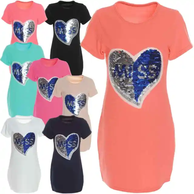 Vestido Túnica Camiseta Larga Ropa Lentejuelas Corazón Amor Niños Niñas 21225