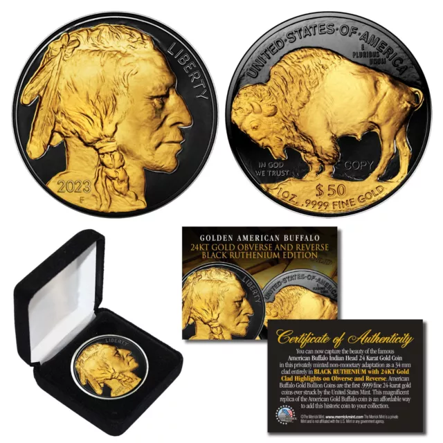 2023 BLACK RUTHENIUM $50 AMERICAN GOLD BUFFALO Indian Tribute Coin 24K with BOX