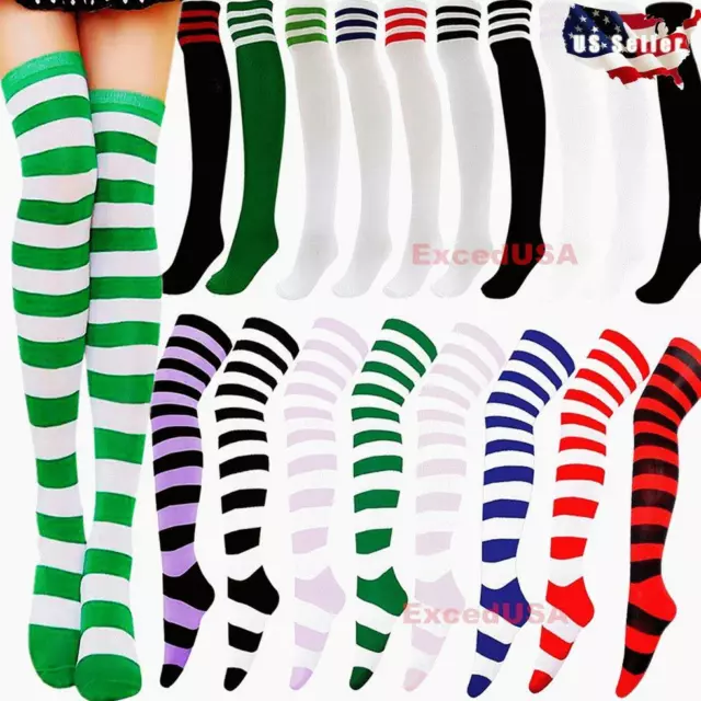 3 WOMEN STRIPED Thigh High Socks Sheer Over The Knee Cotton Knit