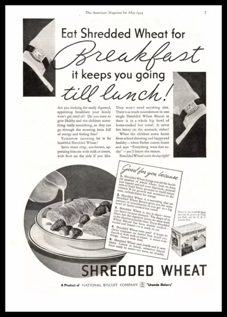 1934 Shredded Wheat Breakfast Cereal "Keeps You Going Till Lunch" Watch Print Ad