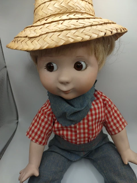 Vintage Margorie Spangler Porcelain Doll Western Cowboy Farmer Straw Hat 1979 2