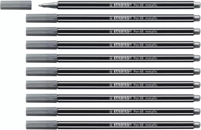 Metallic Premium Felt Tip Pen - STABILO Pen 68 Metallic - Box of 10 - Silver Met