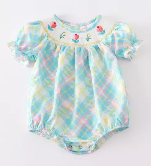 Baby Girl Smocked Bubble Romper With Embroidered Tulips, Spring, Easter & Summer