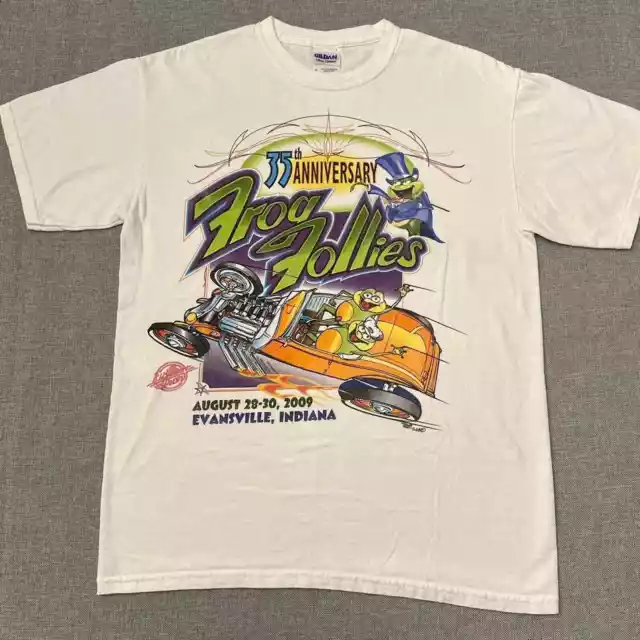 Frog Follies Racing T-Shirt Mens Medium White Evansville Indiana Cars Hot Rod