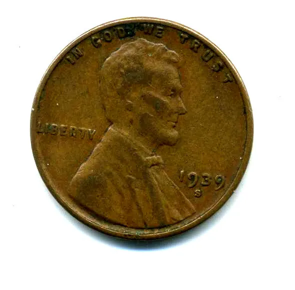 Lincoln Head Wheat Cent 1939 S COPPER Circulated United States 1 Penny Coin#8279