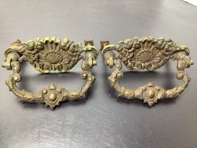 Antique Brass Drawer Pulls Pair Ornate w Center Shell & Scroll Design 4” Wide