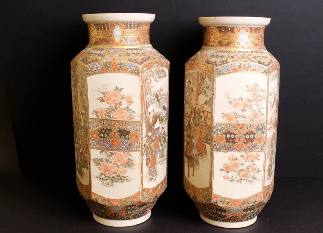 Fine pair of large Satsuma vases hexagonal Meiji 19th century