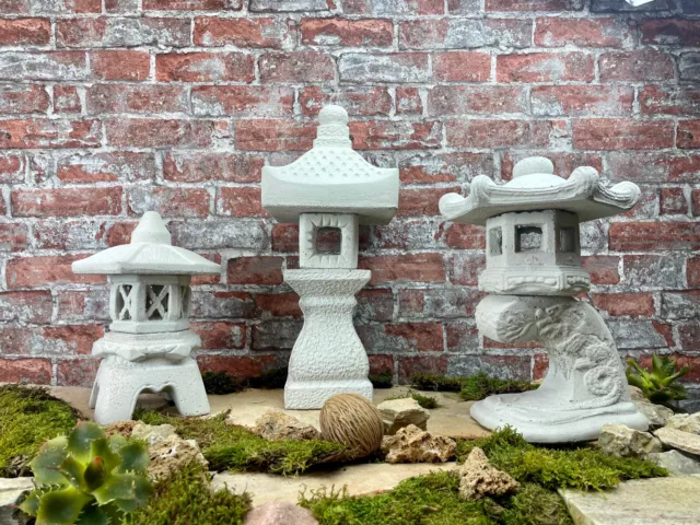 Juego de 3 linternas de piedra japonesas en gris claro pagoda yukimi estanque jardín decoración 2