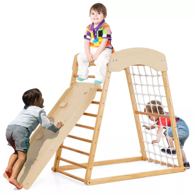 6-in-1 Wood Jungle Gym Montessori Climbing Play Set w/Double-sided Ramp Natural