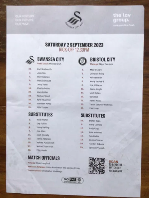Swansea City v Bristol City Colour Team Sheet.
