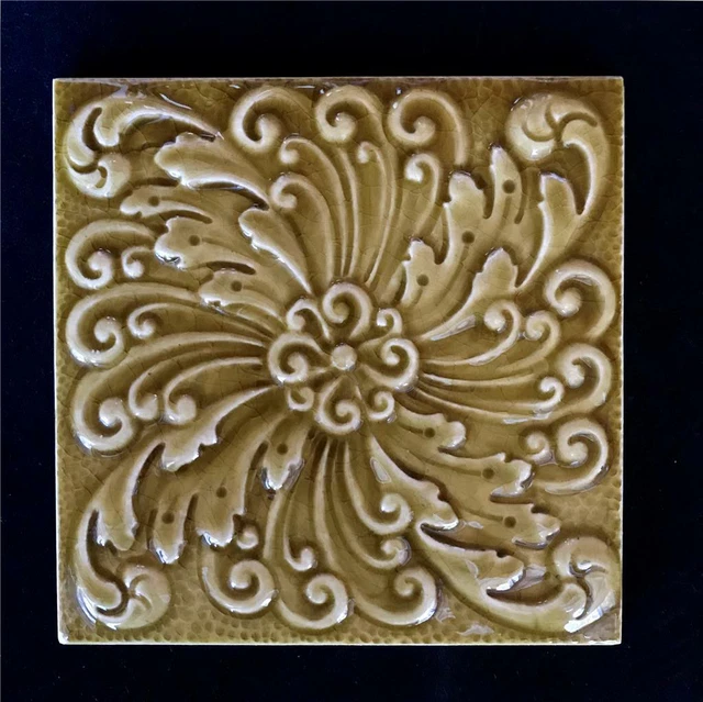 Anitque American Encaustic Victorian 6" Moss Green Pottery Tile Ohio USA