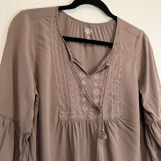 St Johns Bay Brown Embroidered Tassels Popover Peasant Top Blouse Womens Size S 2