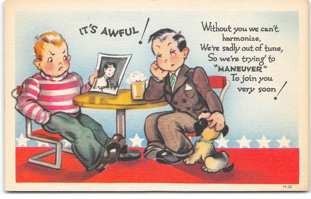 Comic-Humor-Grinnell-Military-Without You We Can't Harmonize-WW2-Linen Postcard