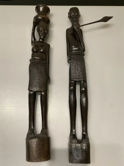 Pair of African Wood Sculptures Art Carving From Zambia Warrior Harvester Tribal