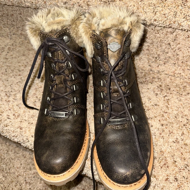 Harley Davidson Woman’s Biker Boots  Sz 9 Fur Trimmed Steel Toe Motorcycle Shoes