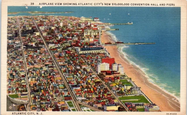 Postcard N.J. Atlantic City Airplane View Showing Convention Hall and Piers