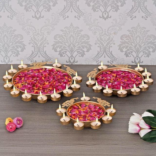 Decorative Peacock Shape Tea Light Candles Urli Bowl for Home Set 3- Free Ship